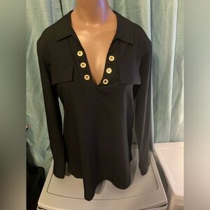 Calvin Klein Black Roll Tab Sleeves V-neck Blouse With Gold Rings Size Medium